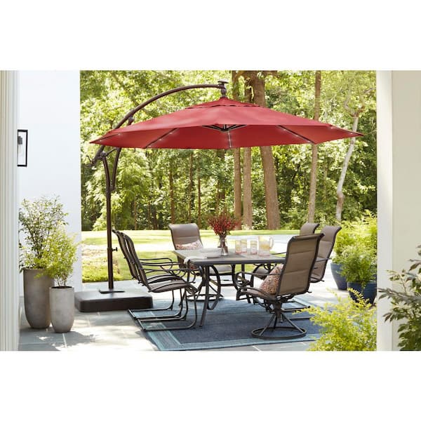 Hampton Bay 11 Ft Led Round Offset Outdoor Patio Umbrella In Chili Red Yjaf052 The Home Depot - 11 Ft Led Round Offset Outdoor Patio Umbrella Replacement Canopy