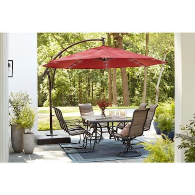 11 ft. LED Round Offset Outdoor Patio Umbrella in Chili Red