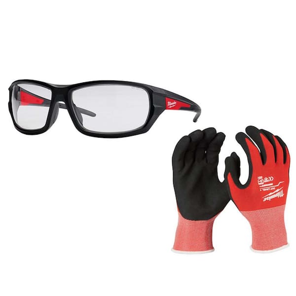 Milwaukee Performance Safety Glasses with Clear Fog-Free Lenses with Large Level 1 Cut Resistant Nitrile Gloves