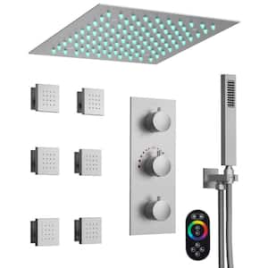 RGB LED 5-Spray Ceiling Mount 12 in. Fixed and Handheld Shower Head 2.5 GPM in Brushed Nickel Thermostatic Valve