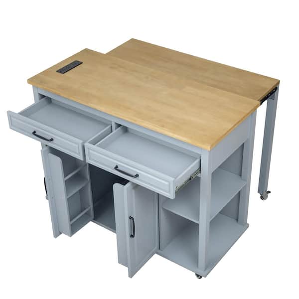 Blue Grey Rubber Wood Veneer 47.2 in. Kitchen Island with Extendable Table, Power Outlet, Lockable Wheels and Drawers