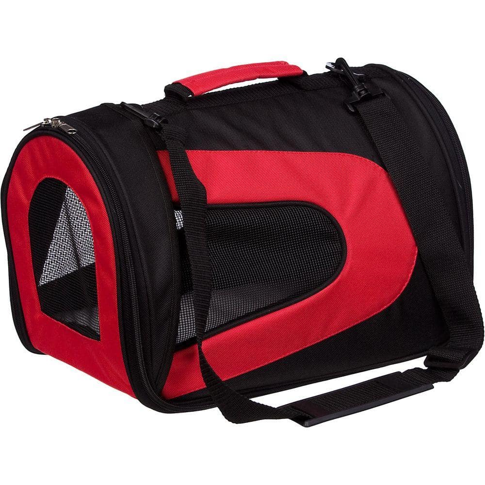 PET LIFE Airline Approved Red and Black Sporty Folding Zippered Mesh Carrier - Medium