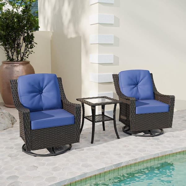 3-Piece Brown Wicker Outdoor Patio Conversation Swivel Rocking Chair with Side Table and Blue Cushions