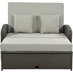 2-Person Wicker Rattan Outdoor Reclining Day Bed with Adjustable Back and Gray Cushions