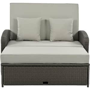 2-Person Wicker Rattan Outdoor Reclining DayBed with 3-Height Adjustable Back and Gray Cushions