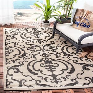 Courtyard Sand/Black 4 ft. x 6 ft. Border Indoor/Outdoor Patio  Area Rug