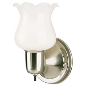 1-Light Brushed Nickel Interior Wall Fixture with On/Off Switch and White Opal Glass