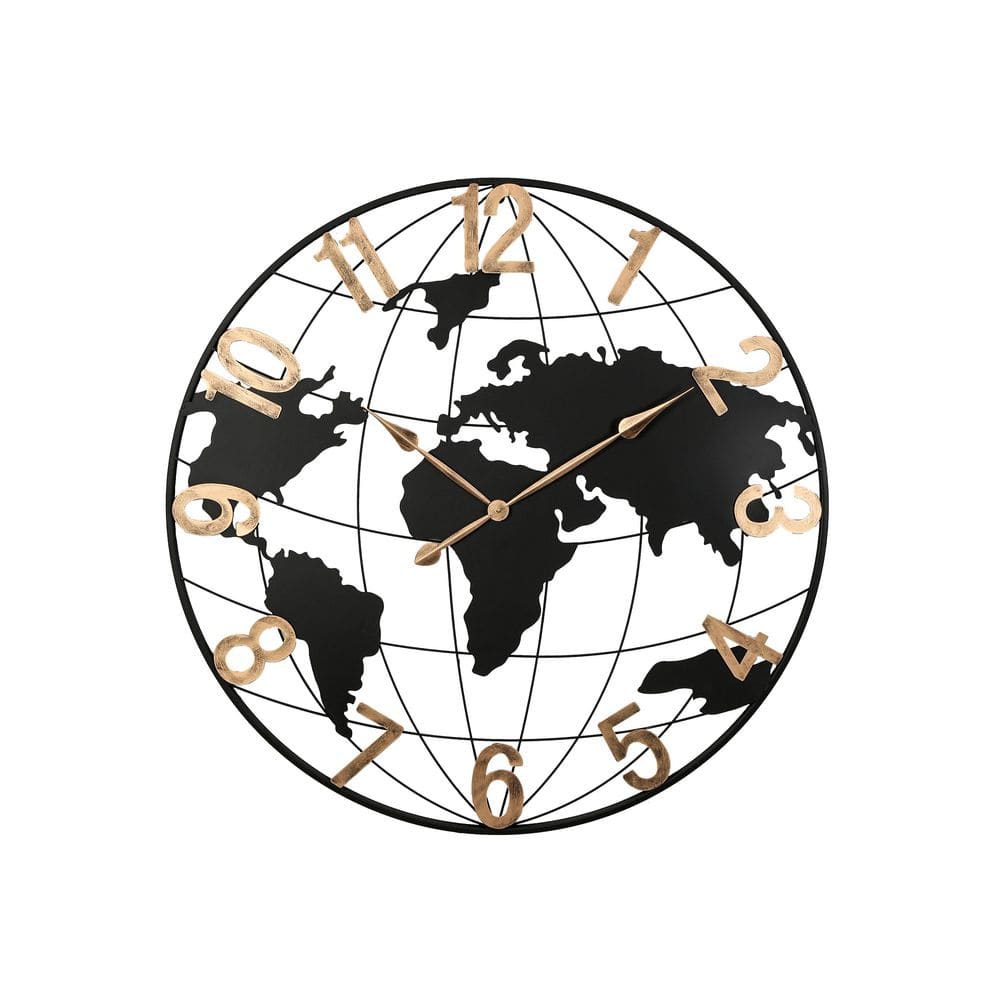 Handcrafted Modern 36 in. Black Metal Silent World Map Wall Clock with Gold