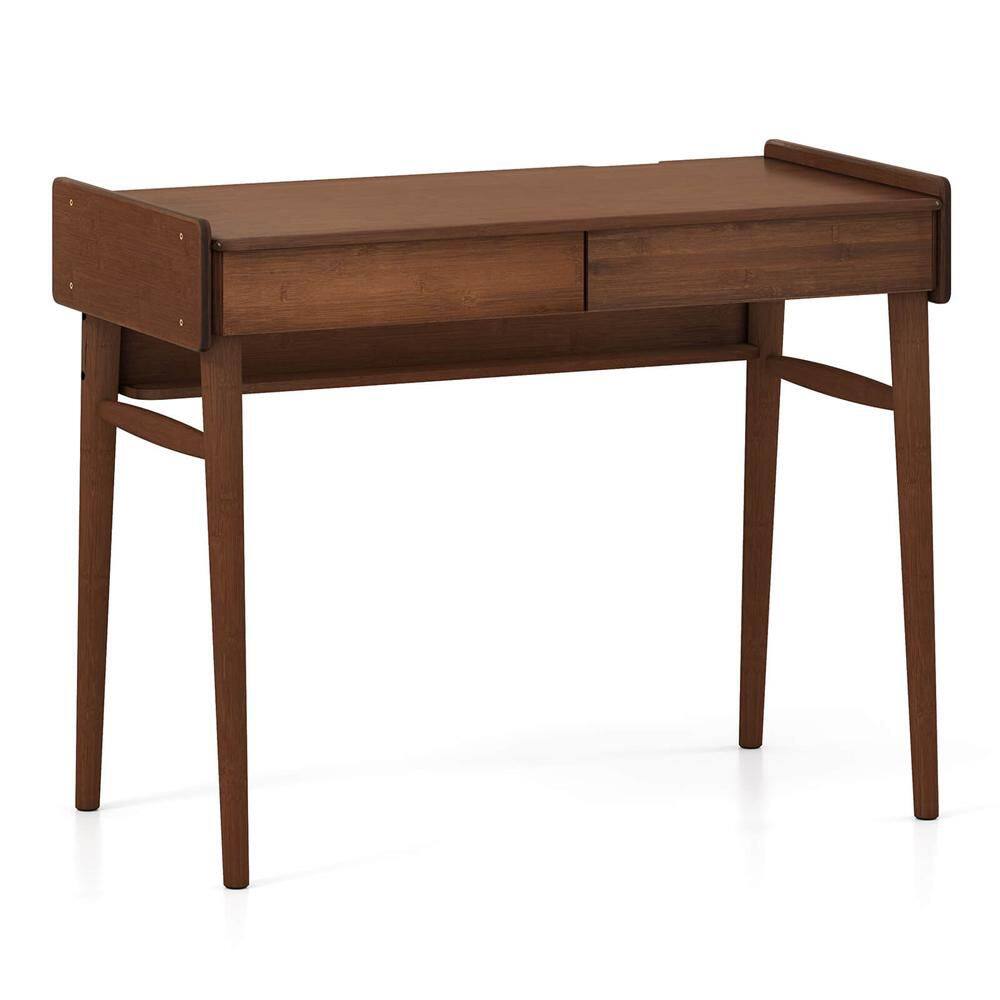 39.5 in. Bamboo Writing Desk Computer Study Desk with 2 Storage Drawers & Open Shelf