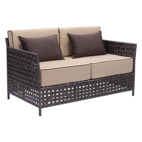 ZUO Pinery Wicker Outdoor Patio Sofa in Brown with Beige Cushion