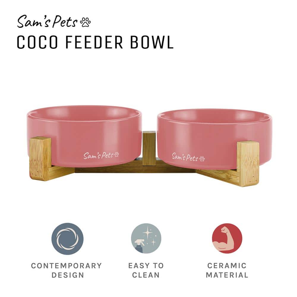 Pink Ceramic Dual Pet Bowl with Wooden Stand