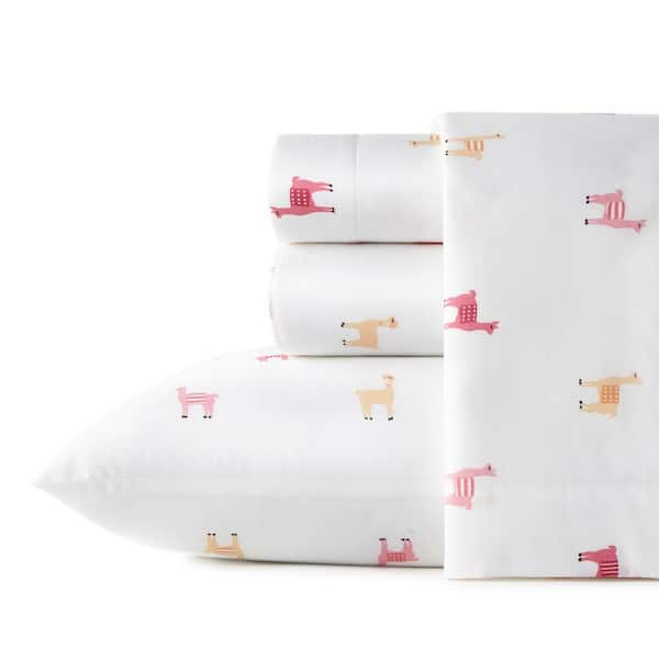 Poppy & Fritz Miss Llama 3-Piece Pink Graphic Cotton Twin Sheet Set