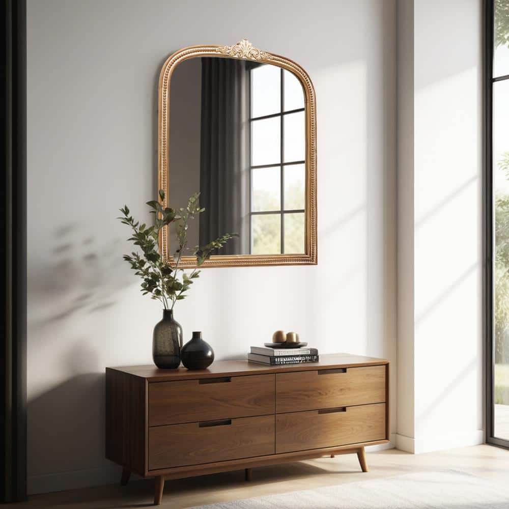 Medium Brown and Whitewashed Wood Arched Decorative Mirror