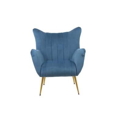 Blue Velvet Upholstered Wingback Accent Arm Chair with Golden Metal Legs