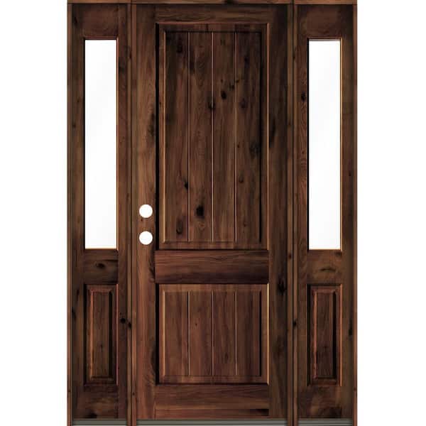 Krosswood Doors 70 in. x 96 in. Rustic Alder Square Top Red Mahogany Stained Wood with V-Groove Right Hand Single Prehung Front Door