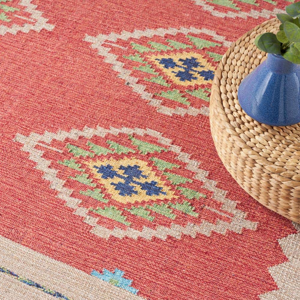 Reversible Tribal Red/Beige Cotton Blend 4' x 6' Area Rug