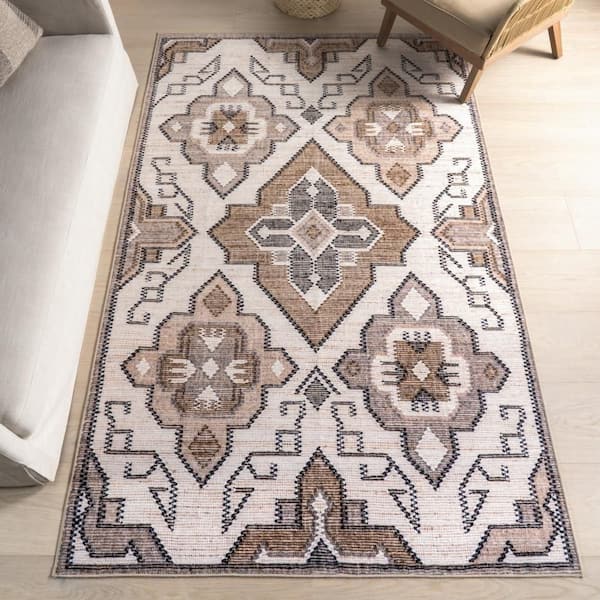 Keily Medallion Spill Proof Washable Ivory 6 ft. x 9 ft. Indoor Area Rug