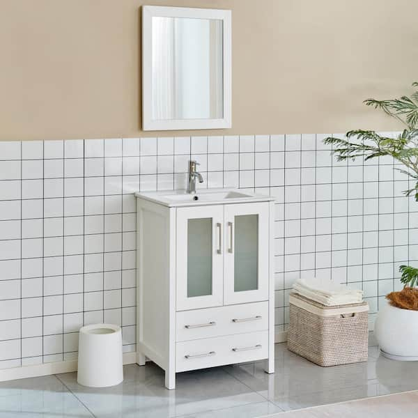 Brescia 24 in. W x 18.1 in. D x 35.8 in. H Single Basin Bathroom Vanity in White with Top in White Ceramic and Mirror