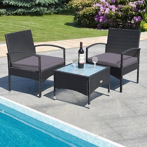 3 -Pieces Patio Wicker Rattan Furniture Set Coffee Table & 2 Rattan Chair with Cushion Gray