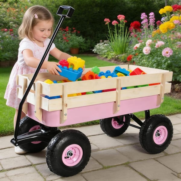 3 cu. ft. Steel Wagon Garden Cart 176 lbs. Load with Wood Railing Children Kid for Christmas Outdoor Camping, Pink