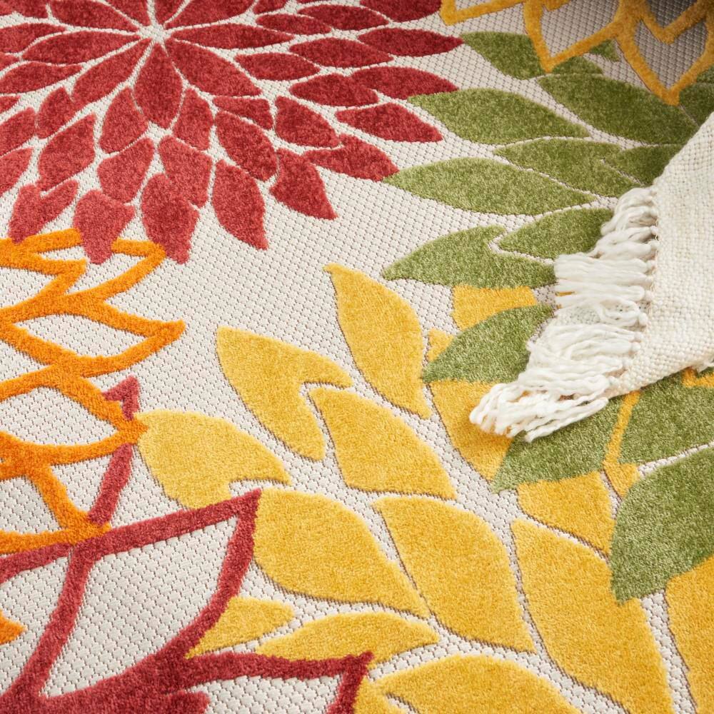 Red Floral Synthetic Round 5'3" Reversible Outdoor Rug