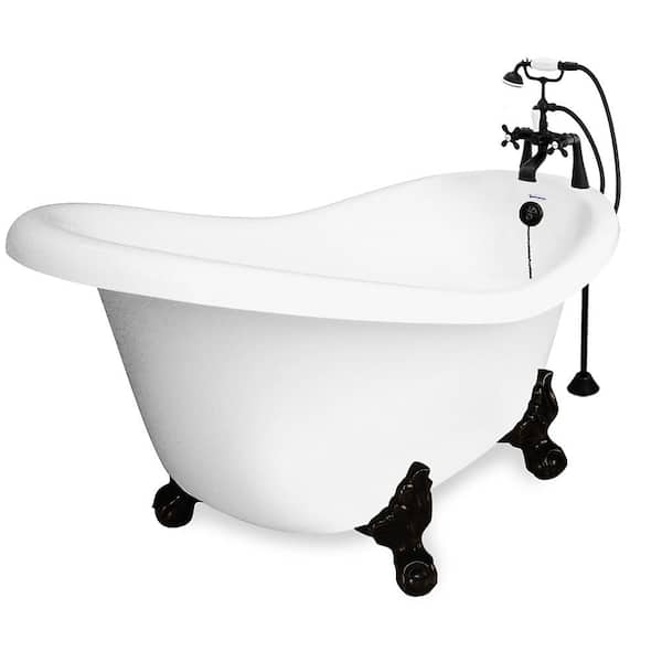 American Bath Factory 71 in. Acrylic Slipper Clawfoot Non-Whirlpool Bathtub in White w/ Large Ball, Claw Feet Faucet in Old World Bronze