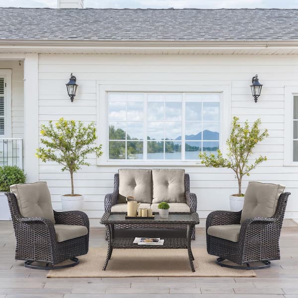 Carlos Brown 4-Piece Wicker Patio Conversation Set with CushionGuard Beige Cushions