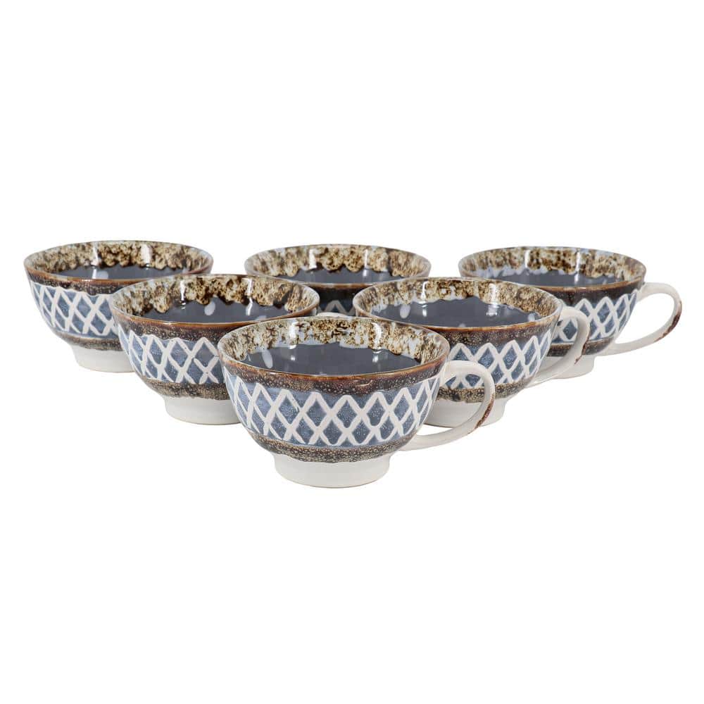 Gray and Brown Ceramic Soup Bowls with Handles, Set of 6