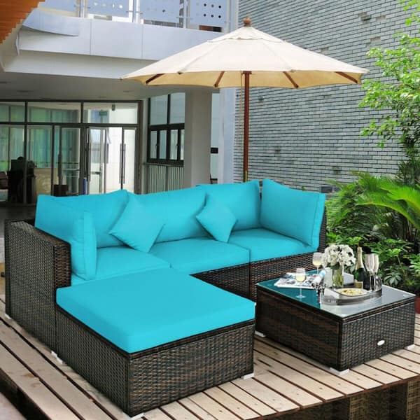 5-Pieces Rattan Wicker Patio Conversation Set with Blue Cushion Outdoor Sectional Sofa Set with Tempered Glass Table Top