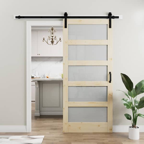 ARK DESIGN 36 in. x 84 in. 5-Lite Tempered Frosted Glass and Solid Pine Wood Unfinished Barn Door Slab with Hardware Kit