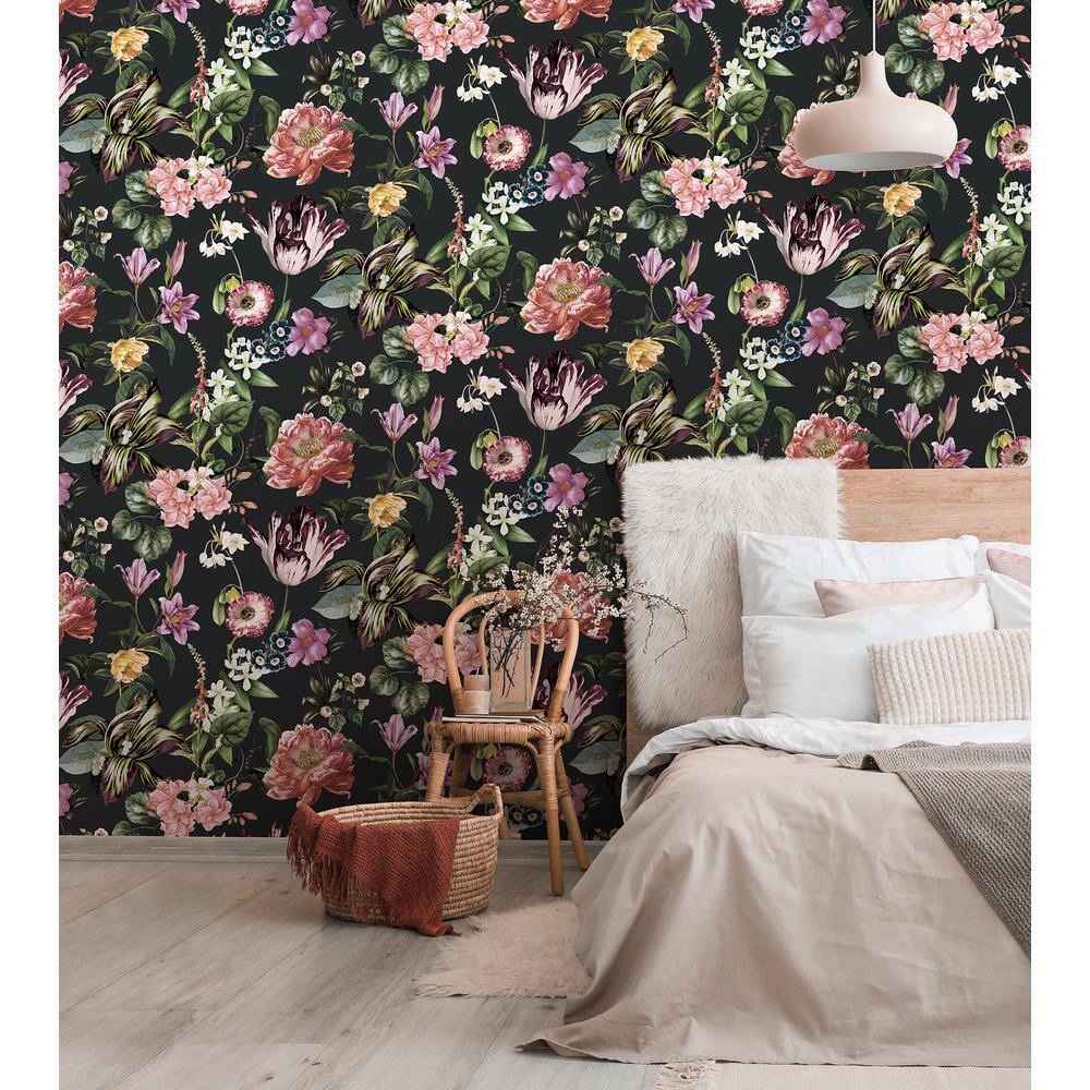 Black Vinyl Floral Wallpaper Roll with Multicolor Flowers