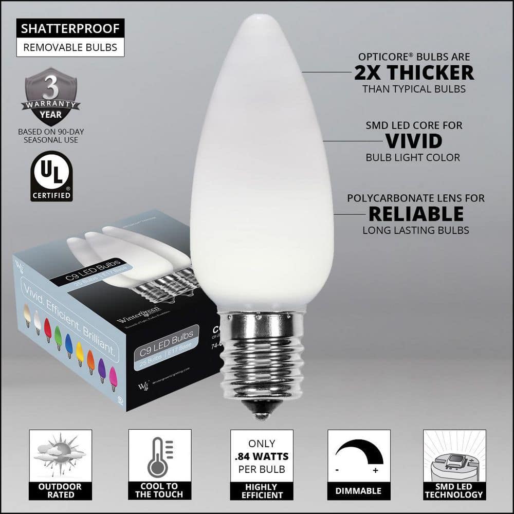 Cool White Polycarbonate LED Christmas Light Bulbs, 25-Pack
