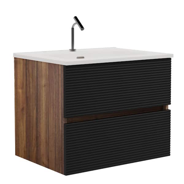 24 in. Single Sink Floating Black and Walnut Bath Vanity with White Ceramic Top, Assembled