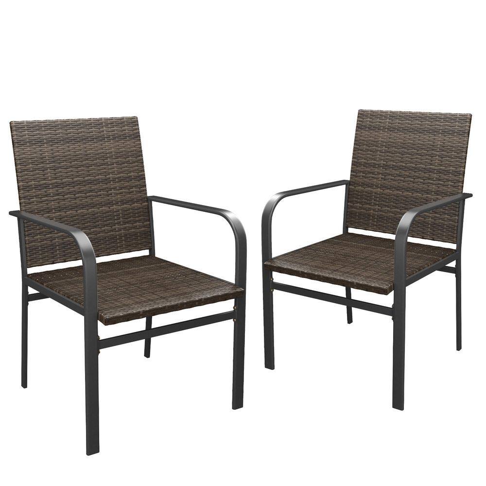 Set of 2 Brown Wicker Patio Dining Chairs, All-Weather PE Rattan Outdoor Armchairs with Black Metal Frame for Backyard price history on PriceWatchPro