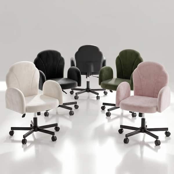 Velour Thick Flower Swivel Flip Up Arms Vanity Chair Cross Legged Ergonomic Task Chair in Beige with Arms