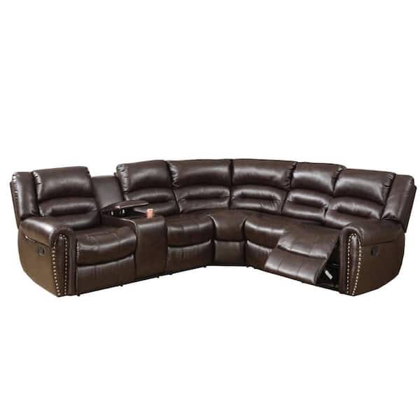 39.0 W in. Pillow Top Arm 3-piece Bonded Leather L-Shaped Reclining Sectional Sofa in. Brown