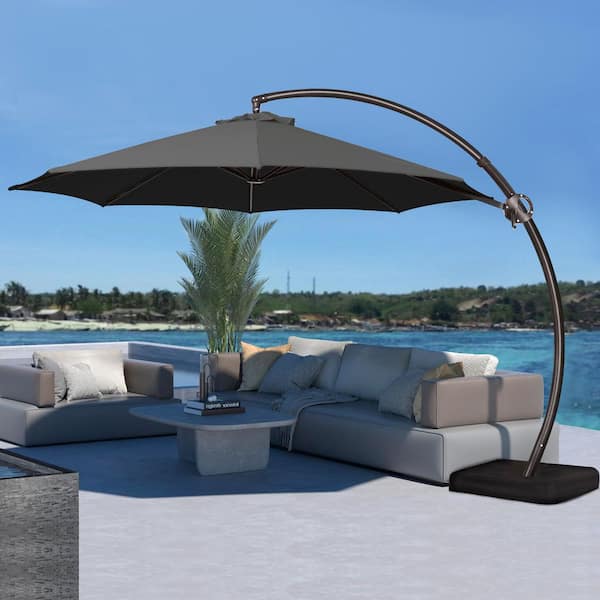 JEAREY 10 ft. L Outdoor Aluminum Curvy Cantilever Offset Hanging Patio Umbrella with Sandbag Base and Cover in Gray