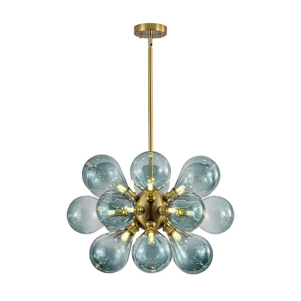 Alma 18-Light Brass Cluster Dandelion Sputnik Chandelier with Gradient Blue Balloon Hand Blown Glass Shades