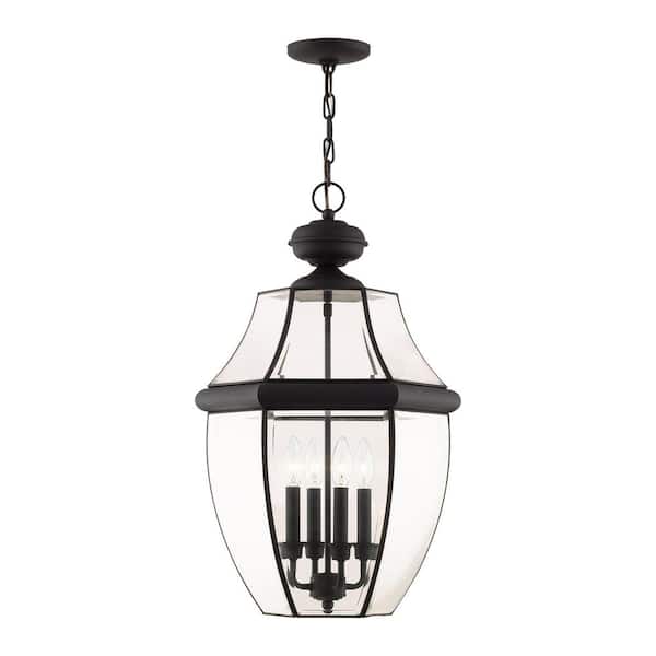 AVIANCE LIGHTING Aston 25.5 in. 4-Light Black Dimmable Outdoor Pendant Light with Clear Beveled Glass and No Bulbs Included
