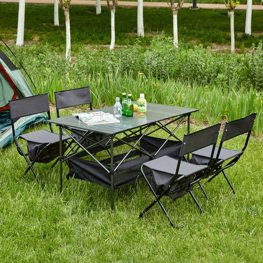 5-Piece 19.3 in. W Black Gray Aluminum Folding Outdoor Chat Set, Picnic Tab