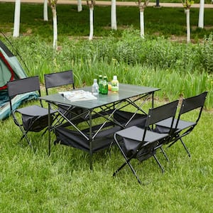 5-Piece 19.3 in. W Black Gray Aluminum Folding Outdoor Chat Set, Picnic Tables and Chairs Set for Camping, Backyard
