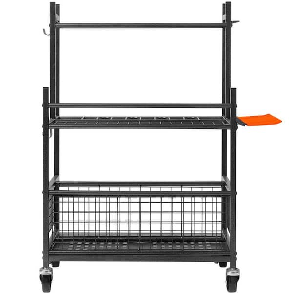 16-slot garden tool organizer with hooks Metal yard tool rack on wheels Holds long-handled tools Great for garage