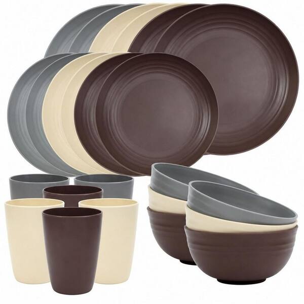24-Piece Unbreakable Dinnerware Set, Outdoor Kitchen, Apartment Dinning and RV Essentials, Brown (Service for 6)