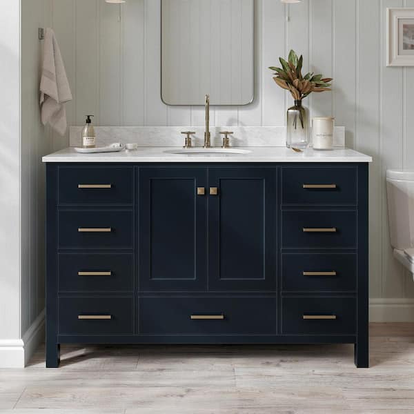ARIEL Cambridge 55 in. W x 22 in. D x 35.25 in. H Vanity in Midnight Blue with White Marble Vanity Top with Basin