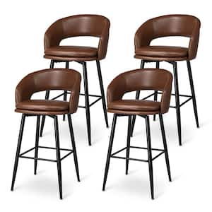 30 in. Seat Height Modern Brown Leatherette Bar Stool with Nailhead Trim and Thick Metal Tapered Legs (Set of 4）