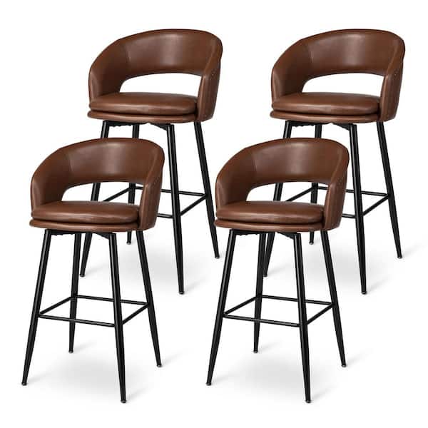 Glitzhome 30 in. Seat Height Modern Brown Leatherette Bar Stool with Nailhead Trim and Thick Metal Tapered Legs (Set of 4）