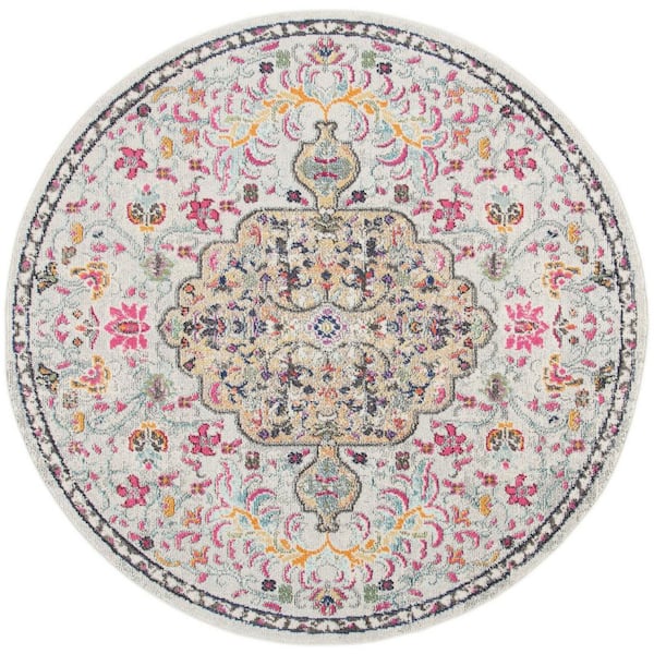 SAFAVIEH Madison Grey/Gold 8 ft. x 8 ft. Border Geometric Floral Medallion Round Area Rug