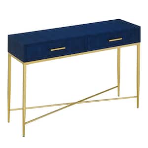 Ashley 42in. Blue/Gold Tall Rectangle Faux Leather Console Table with 2 Drawers