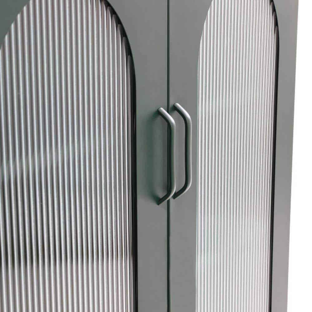 Dark Green Metal Cabinet with Adjustable Shelves and Arched Glass Doors