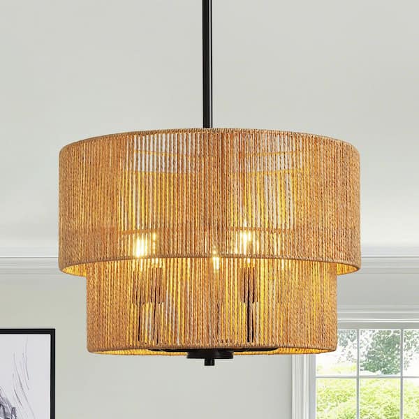 18 in. 5-Light 40W Height Adjustable Black Finish Boho Ceiling Light Traditional Drum Natural Woven Rattan Pendant Light